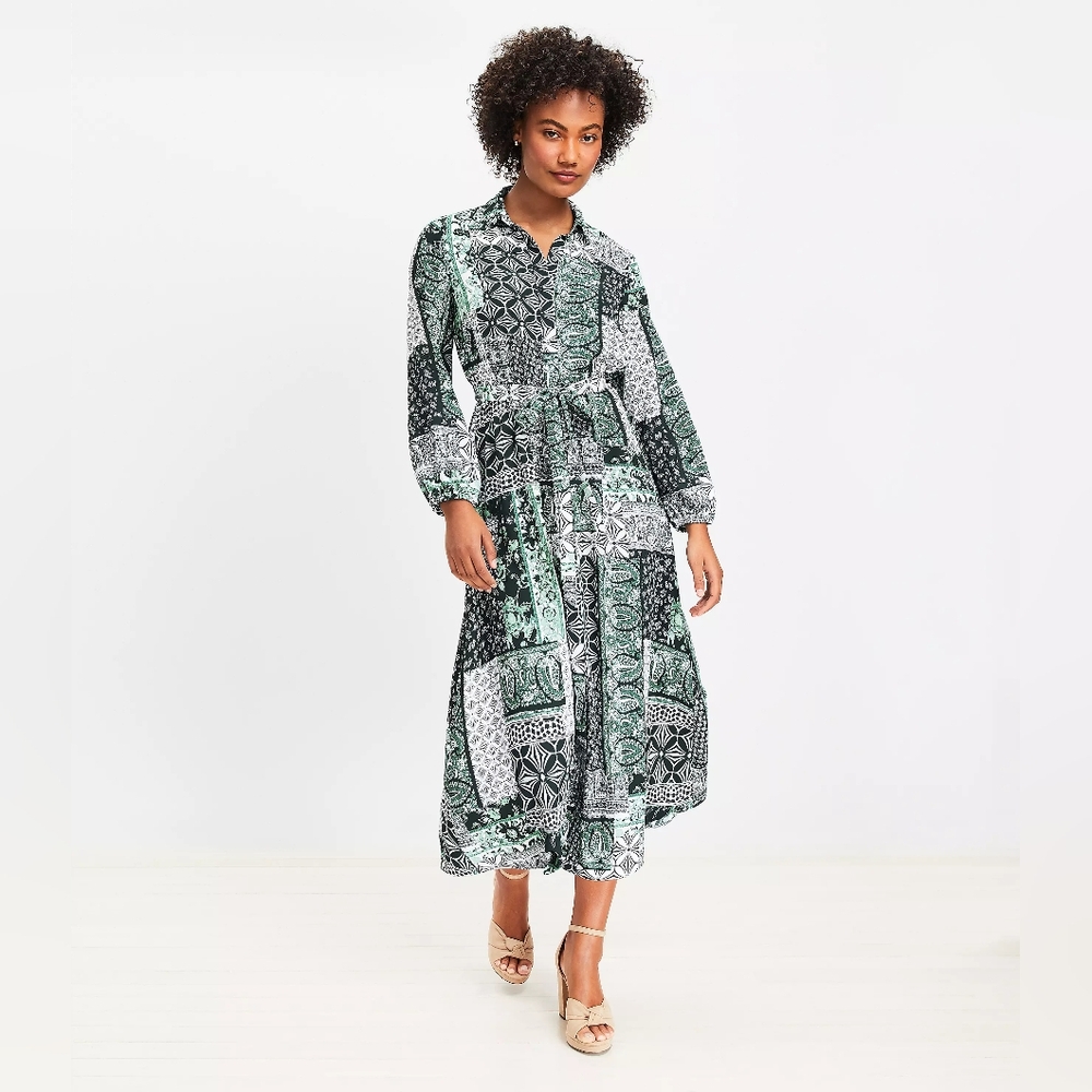 Loft Patchwork Tie Waist Midi Dress